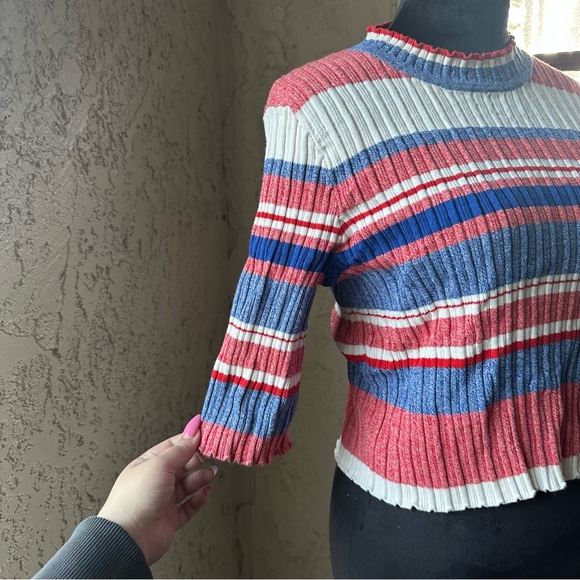 🦋 H&M Striped Red, White & Blue Crew Neck Fitted 3/4 Sleeve Cropped Sweater - Picture 7 of 10